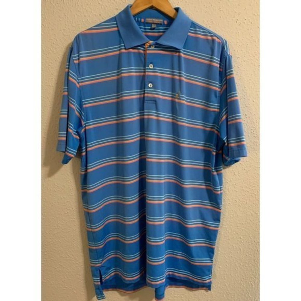 Peter Millar Summer Comfort Blue Striped Polo Golf Shirt‎ Mens Size Large